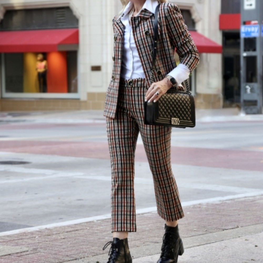 Cabi Plaid Pants in Black, White, and Brown
